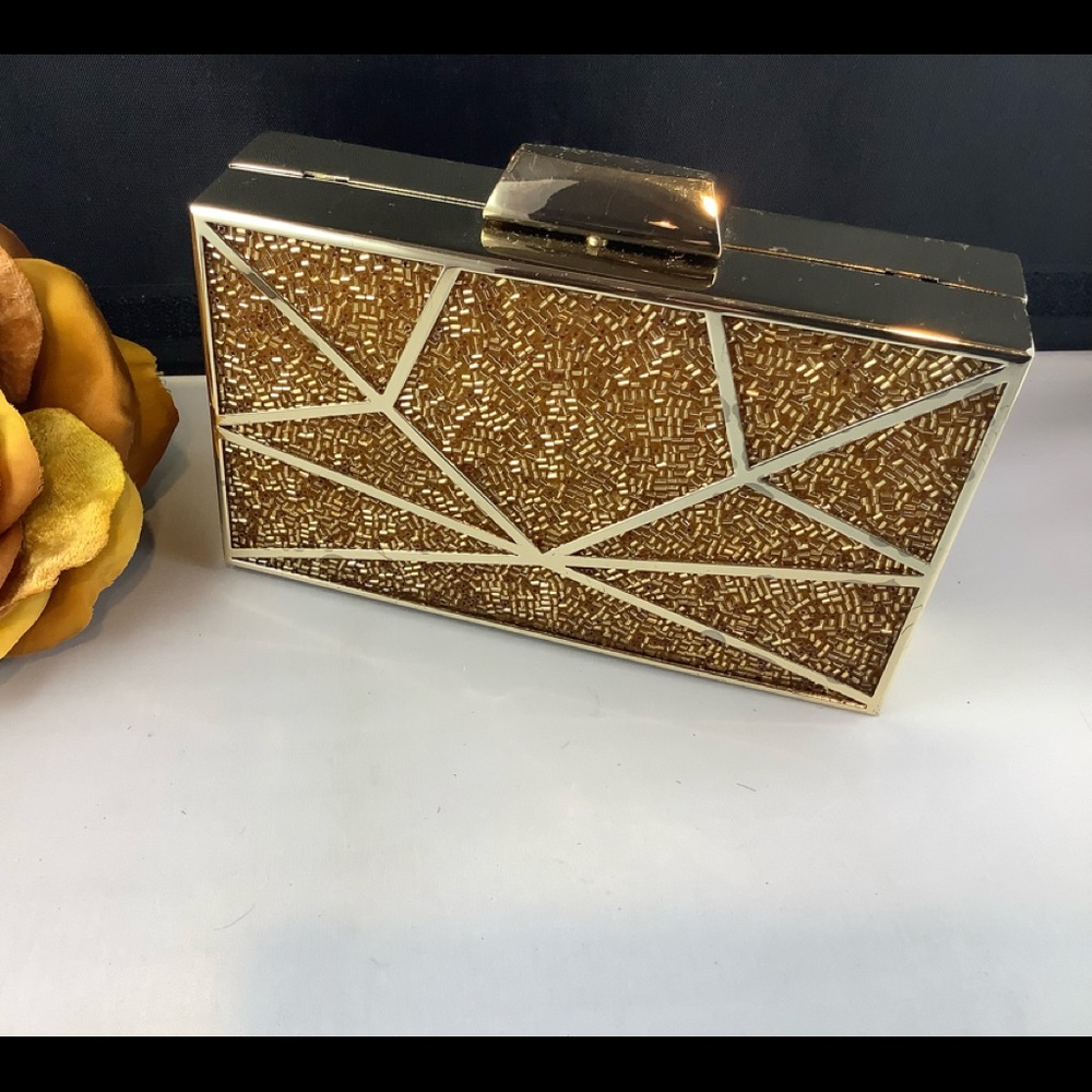 Gold bead hard case evening bag